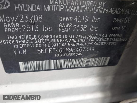 ✅ 2009 Hyundai Sonata GLS • VIN: 5NPET46F89H467344 • Лот: 41414044. Опубликован ранее на IAAI с пробегом 103 413 миль. Бесплатный доступ к архиву аукционных продаж из США и подробный отчёт об истории автомобиля на DreamBid. Изображение 9.