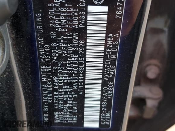 ✅ 2020 Toyota Camry LE • VIN: 4T1C11AK9LU912926 • Lot: 89863675. Wystawiony na Copart z przebiegiem 118 197 mil. Bezpłatny archiwum sprzedaży aukcyjnych z USA i szczegółowy raport historii pojazdu na DreamBid. Zdjęcie 12.