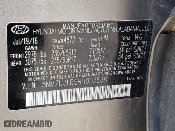 ✅ 2017 Hyundai Santa Fe 2.4L • VIN: 5NMZU3LB5HH002638 • Lot: 42825133. Wystawiony na Copart z przebiegiem 99 604 mil. Bezpłatny archiwum sprzedaży aukcyjnych z USA i szczegółowy raport historii pojazdu na DreamBid. Zdjęcie 13.