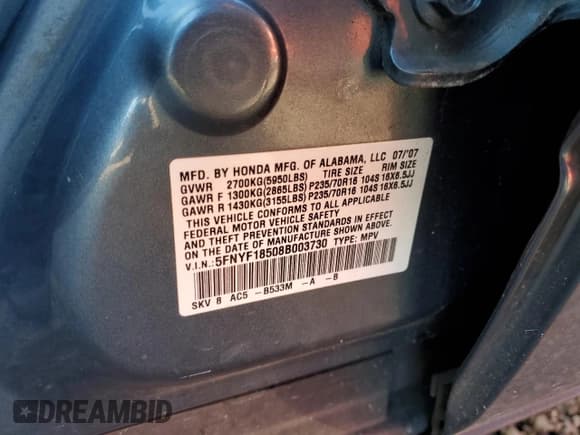 ✅ 2008 Honda Pilot EX-L • VIN: 5FNYF18508B003730 • Лот: 86685585. Опубликован ранее на Copart с пробегом 171 516 миль. Бесплатный доступ к архиву аукционных продаж из США и подробный отчёт об истории автомобиля на DreamBid. Изображение 13.