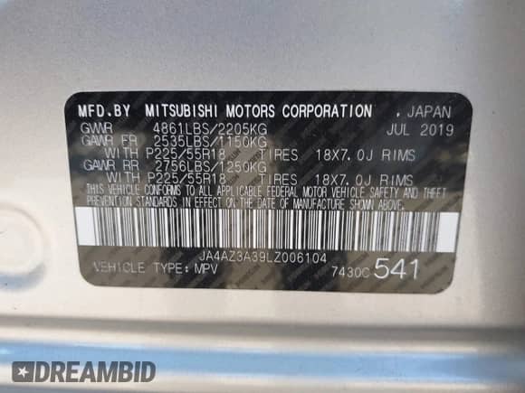 2020 Mitsubishi Outlander ES with VIN JA4AZ3A39LZ006104, listed as a IAAI auction lot 42316711 with 79,623 mi miles and . Bid and sale history available at DreamBid. Image 9.