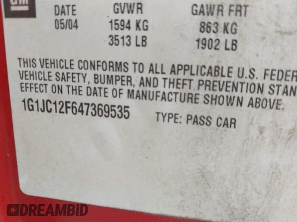 ✅ 2004 Chevrolet Cavalier • VIN: 1G1JC12F647369535 • Lot: 42955282. Listed on IAAI with 208,553 mi. Free auction sales archive from the USA and detailed vehicle history report at DreamBid. Image 9.