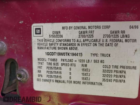 ✅ 1996 Chevrolet S-10 LS • VIN: 1GCDT19W0TK194415 • Лот: 41635483. Опубликован ранее на IAAI с пробегом 132 091 миль. Бесплатный доступ к архиву аукционных продаж из США и подробный отчёт об истории автомобиля на DreamBid. Изображение 9.