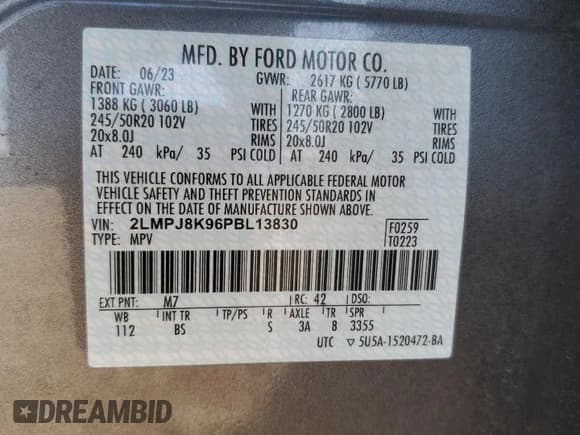 ✅ 2023 Lincoln Nautilus Reserve • VIN: 2LMPJ8K96PBL13830 • Lot: 72091155. Listed on Copart with 22,819 mi. Free auction sales archive from the USA and detailed vehicle history report at DreamBid. Image 12.