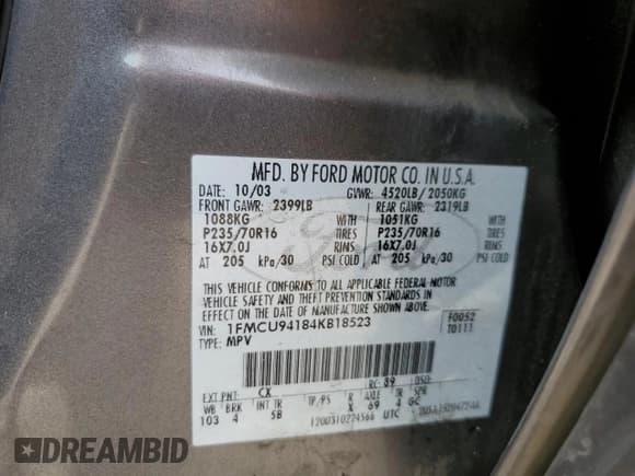 ✅ 2004 Ford Escape Limited • VIN: 1FMCU94184KB18523 • Lot: 54194825. Wystawiony na Copart z przebiegiem 147 950 mil. Bezpłatny archiwum sprzedaży aukcyjnych z USA i szczegółowy raport historii pojazdu na DreamBid. Zdjęcie 13.