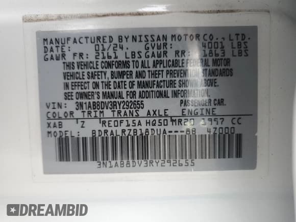 ✅ 2024 Nissan Sentra SR • VIN: 3N1AB8DV3RY292655 • Lot: 85956825. Listed on Copart with 2,285 mi. Free auction sales archive from the USA and detailed vehicle history report at DreamBid. Image 12.