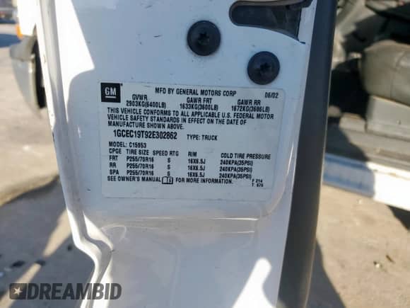 2002 Chevrolet Silverado 1500 with VIN 1GCEC19T92E302862, listed as a Copart auction lot 46956105 with Not provided miles and Salvage title. Bid and sale history available at DreamBid. Image 14.