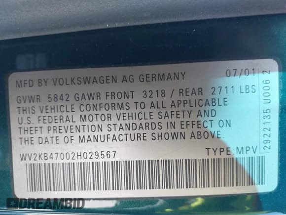 ✅ 2002 Volkswagen EuroVan GLS • VIN: WV2KB47002H029567 • Lot: 41628376. Listed on IAAI with 156,866 mi. Free auction sales archive from the USA and detailed vehicle history report at DreamBid. Image 9.