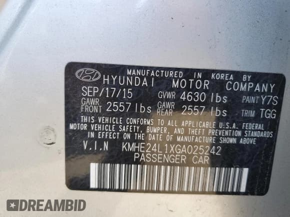 ✅ 2016 Hyundai Sonata SE • VIN: KMHE24L1XGA025242 • Lot: 47191383. Listed on Copart with 57,688 mi. Free auction sales archive from the USA and detailed vehicle history report at DreamBid. Image 14.