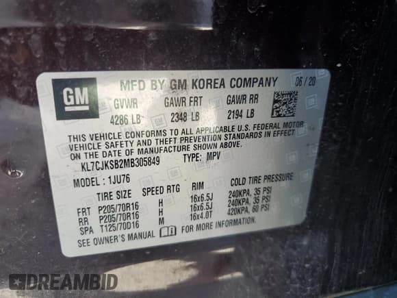 ✅ 2021 Chevrolet Trax LS • VIN: KL7CJKSB2MB305849 • Lot: 70650915. Listed on Copart with 65,771 mi. Free auction sales archive from the USA and detailed vehicle history report at DreamBid. Image 14.