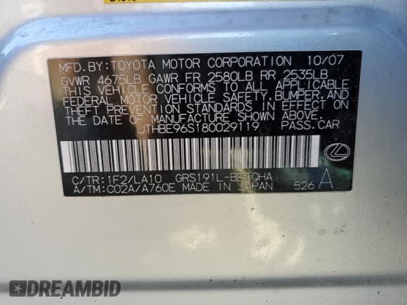 ✅ 2008 Lexus GS 350 • VIN: JTHBE96S180029119 • Lot: 62499775. Wystawiony na Copart z przebiegiem Nie podano. Bezpłatny archiwum sprzedaży aukcyjnych z USA i szczegółowy raport historii pojazdu na DreamBid. Zdjęcie 13.