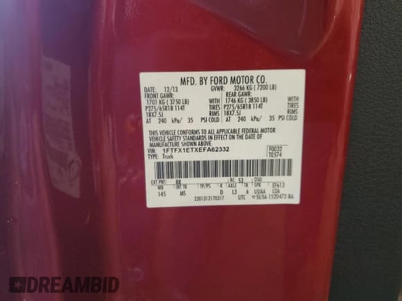 ✅ 2014 Ford F-150 XL • VIN: 1FTFX1ETXEFA62332 • Lot: 57090265. Listed on Copart with 117,648 mi. Free auction sales archive from the USA and detailed vehicle history report at DreamBid. Image 13.