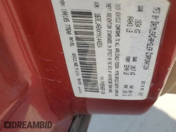 ✅ 2000 Dodge Stratus SE • VIN: 1B3EJ46XXYN144654 • Lot: 87023695. Wystawiony na Copart z przebiegiem 83 159 mil. Bezpłatny archiwum sprzedaży aukcyjnych z USA i szczegółowy raport historii pojazdu na DreamBid. Zdjęcie 12.