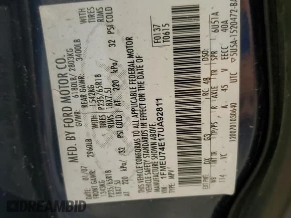 ✅ 2007 Ford Explorer Eddie Bauer • VIN: 1FMEU74E17UA92811 • Lot: 64637205. Listed on Copart with 166,349 mi. Free auction sales archive from the USA and detailed vehicle history report at DreamBid. Image 14.