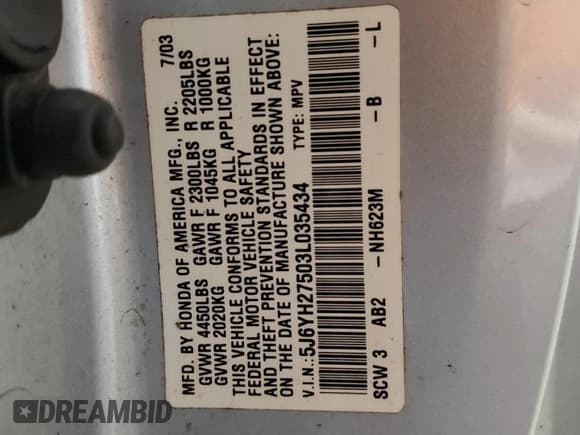 ✅ 2003 Honda Element EX • VIN: 5J6YH27503L035434 • Lot: 55994305. Listed on Copart with 280,759 mi. Free auction sales archive from the USA and detailed vehicle history report at DreamBid. Image 13.