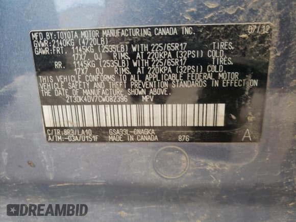 ✅ 2012 Toyota RAV4 Limited • VIN: 2T3DK4DV7CW082396 • Lot: 52160565. Listed on Copart with 104,894 mi. Free auction sales archive from the USA and detailed vehicle history report at DreamBid. Image 12.