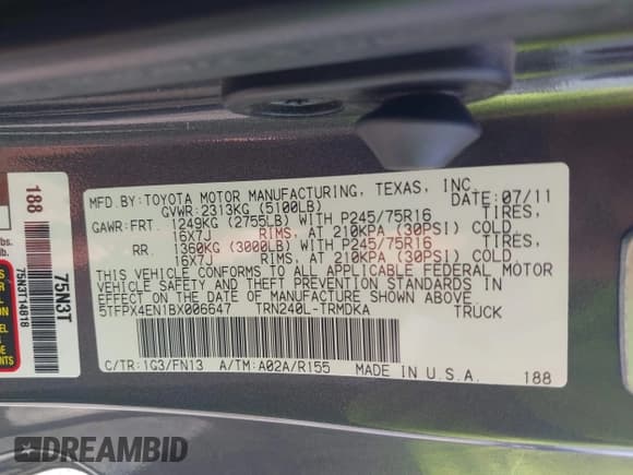 ✅ 2011 Toyota Tacoma • VIN: 5TFPX4EN1BX006647 • Lot: 42572489. Listed on IAAI with 134,895 mi. Free auction sales archive from the USA and detailed vehicle history report at DreamBid. Image 9.