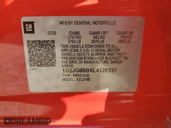 2020 Chevrolet Sonic LT с VIN 1G1JG6SBXL4129337, выставлен на аукционе Copart как лот 82114815 с пробегом 56 817 миль миль и Списание • Salvage title. История ставок и продаж доступна на DreamBid. Изображение 12.