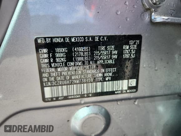 ✅ 2022 Honda HR-V EX-L • VIN: 3CZRU6H72NM738459 • Лот: 81461145. Опубликован ранее на Copart с пробегом 55 491 миль. Бесплатный доступ к архиву аукционных продаж из США и подробный отчёт об истории автомобиля на DreamBid. Изображение 13.