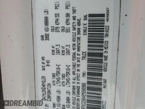 ✅ 2002 Dodge 2500 • VIN: 3B7KC23642M206966 • Lot: 67636145. Listed on Copart with 245,004 mi. Free auction sales archive from the USA and detailed vehicle history report at DreamBid. Image 12.