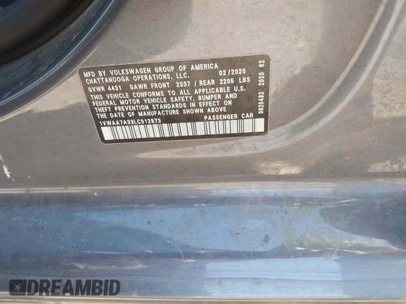 ✅ 2020 Volkswagen Passat S • VIN: 1VWAA7A33LC012873 • Лот: 42526894. Опубликован ранее на IAAI с пробегом 41 432 миль. Бесплатный доступ к архиву аукционных продаж из США и подробный отчёт об истории автомобиля на DreamBid. Изображение 9.