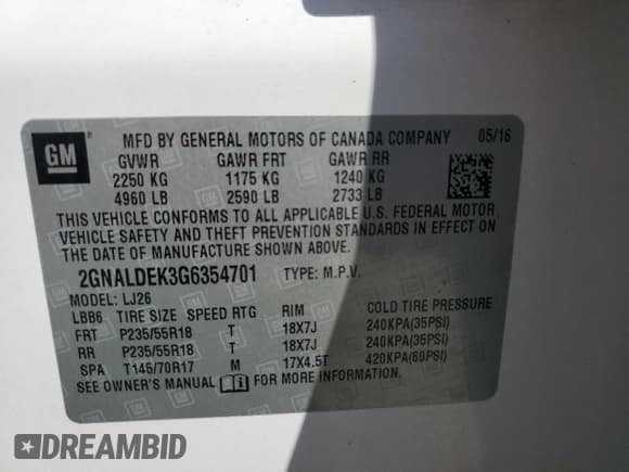 ✅ 2016 Chevrolet Equinox LTZ • VIN: 2GNALDEK3G6354701 • Lot: 69643545. Listed on Copart with 177,195 mi. Free auction sales archive from the USA and detailed vehicle history report at DreamBid. Image 13.