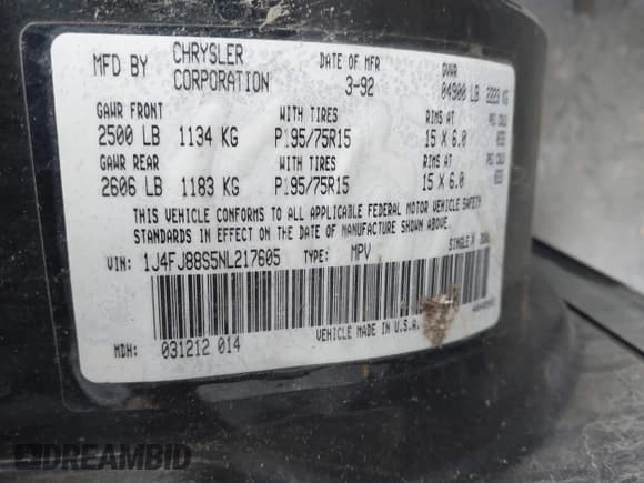 ✅ 1992 Jeep Cherokee • VIN: 1J4FJ88S5NL217605 • Lot: 43833076. Listed on IAAI with 226,997 mi. Free auction sales archive from the USA and detailed vehicle history report at DreamBid. Image 9.