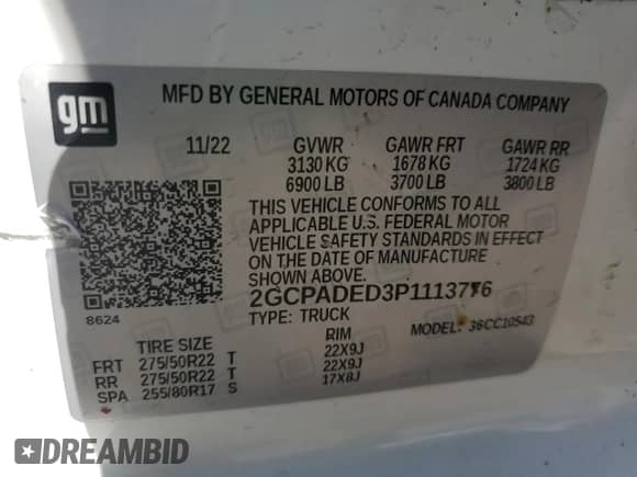 2023 Chevrolet Silverado 1500 RST with VIN 2GCPADED3P1113776, listed as a Copart auction lot 52440425 with Not provided miles and Salvage title. Bid and sale history available at DreamBid. Image 12.