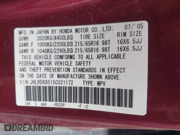 ✅ 2005 Honda CR-V LX • VIN: JHLRD68515C021172 • Lot: 43715932. Listed on IAAI with 193,609 mi. Free auction sales archive from the USA and detailed vehicle history report at DreamBid. Image 9.
