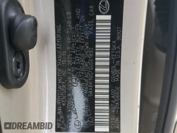 ✅ 2016 Lexus ES 330 • VIN: 58ABK1GG7GU001892 • Lot: 53552085. Wystawiony na Copart z przebiegiem 84 554 mil. Bezpłatny archiwum sprzedaży aukcyjnych z USA i szczegółowy raport historii pojazdu na DreamBid. Zdjęcie 12.