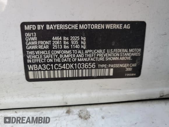 ✅ 2013 BMW 3 Series 328i • VIN: WBA3C1C54DK103656 • Lot: 89534465. Listed on Copart with 106,993 mi. Free auction sales archive from the USA and detailed vehicle history report at DreamBid. Image 12.