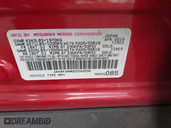 2016 Mitsubishi Outlander SE with VIN JA4AP3AW6GZ042838, listed as a IAAI auction lot 41910179 with 126,072 mi miles and . Bid and sale history available at DreamBid. Image 9.