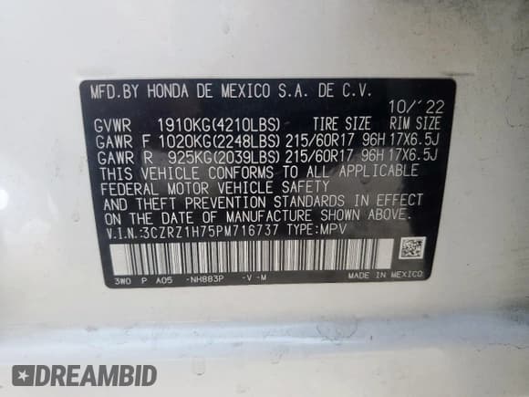 ✅ 2023 Honda HR-V EX-L • VIN: 3CZRZ1H75PM716737 • Lot: 80958875. Wystawiony na Copart z przebiegiem Nie podano. Bezpłatny archiwum sprzedaży aukcyjnych z USA i szczegółowy raport historii pojazdu na DreamBid. Zdjęcie 13.