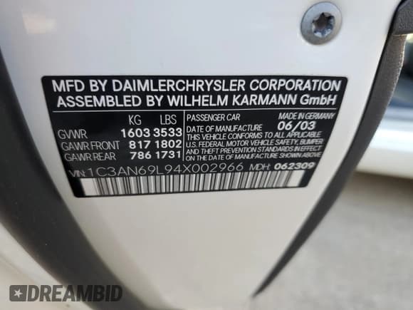 ✅ 2004 Chrysler Crossfire • VIN: 1C3AN69L94X002966 • Lot: 76795154. Listed on Copart with 14,235 mi. Free auction sales archive from the USA and detailed vehicle history report at DreamBid. Image 12.