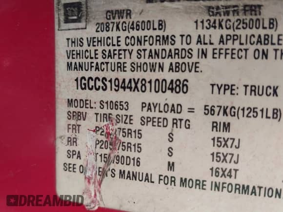 1999 Chevrolet S-10 LS Xtreme с VIN 1GCCS1944X8100486, выставлен на аукционе IAAI как лот 41644547 с пробегом 288 232 миль миль и . История ставок и продаж доступна на DreamBid. Изображение 9.