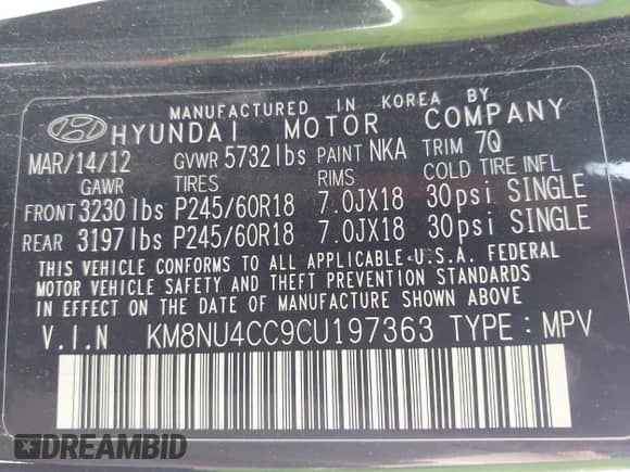 2012 Hyundai Veracruz Limited z VIN KM8NU4CC9CU197363, wystawiony jako IAAI lot #42591498 z przebiegiem 203 285 mil mil oraz . Historia ofert i sprzedaży dostępna na DreamBid. Obrazek 9.