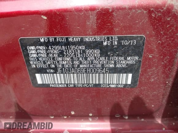 ✅ 2014 Subaru Impreza Limited • VIN: JF1GJAG69EH009645 • Lot: 42535176. Listed on IAAI with 168,427 mi. Free auction sales archive from the USA and detailed vehicle history report at DreamBid. Image 9.