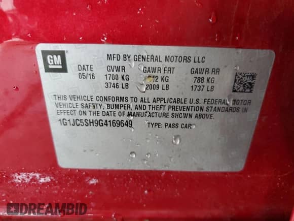 2016 Chevrolet Sonic LT с VIN 1G1JC5SH9G4169649, выставлен на аукционе Copart как лот 64244434 с пробегом 162 355 миль миль и Списание • Salvage title. История ставок и продаж доступна на DreamBid. Изображение 12.