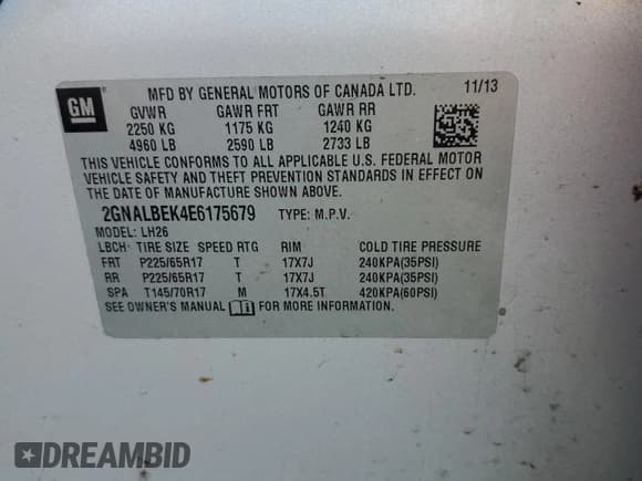 ✅ 2014 Chevrolet Equinox LT • VIN: 2GNALBEK4E6175679 • Lot: 81230265. Wystawiony na Copart z przebiegiem 190 824 mil. Bezpłatny archiwum sprzedaży aukcyjnych z USA i szczegółowy raport historii pojazdu na DreamBid. Zdjęcie 13.