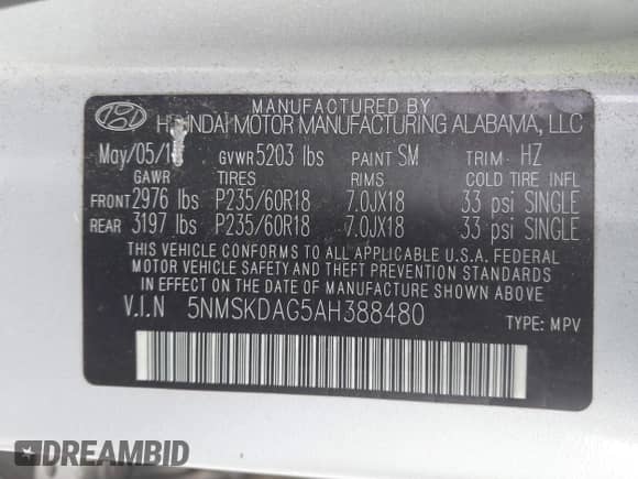 2010 Hyundai Santa Fe Limited with VIN 5NMSKDAG5AH388480, listed as a IAAI auction lot 43391801 with 109,365 mi miles and . Bid and sale history available at DreamBid. Image 9.