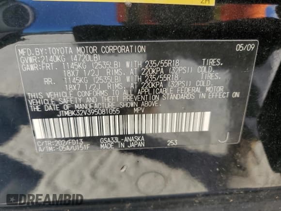 ✅ 2009 Toyota RAV4 Sport • VIN: JTMBK32V395081055 • Лот: 90681735. Опубликован ранее на Copart с пробегом 139 228 миль. Бесплатный доступ к архиву аукционных продаж из США и подробный отчёт об истории автомобиля на DreamBid. Изображение 13.