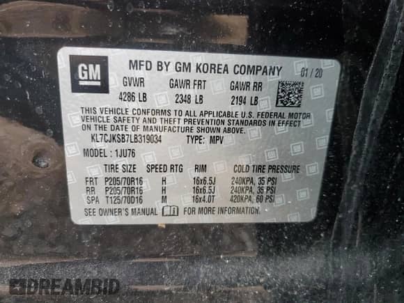 2020 Chevrolet Trax LS with VIN KL7CJKSB7LB319034, listed as a Copart auction lot 70152985 with 42,310 mi miles and Salvage title. Bid and sale history available at DreamBid. Image 13.