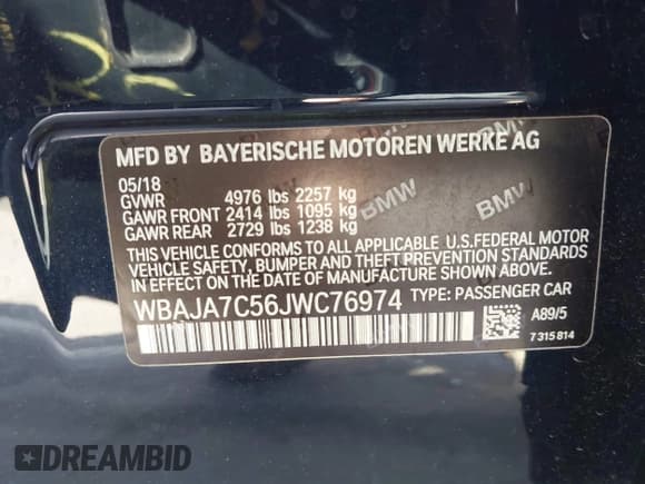 ✅ 2018 BMW 5 Series 530i xDrive • VIN: WBAJA7C56JWC76974 • Lot: 43649989. Listed on IAAI with 113,725 mi. Free auction sales archive from the USA and detailed vehicle history report at DreamBid. Image 9.