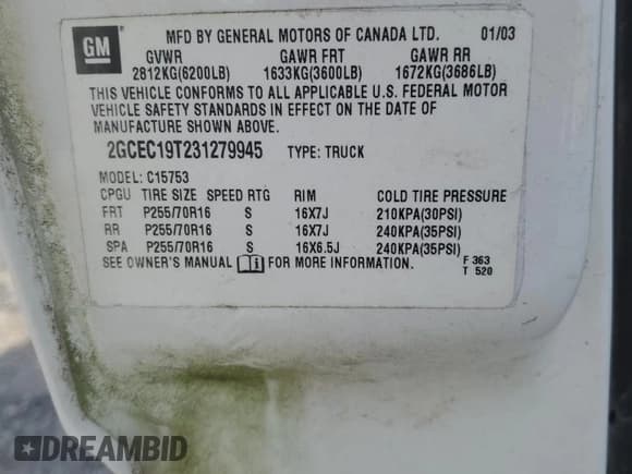 ✅ 2003 Chevrolet Silverado 1500 LT • VIN: 2GCEC19T231279945 • Lot: 89484065. Listed on Copart with 279,439 mi. Free auction sales archive from the USA and detailed vehicle history report at DreamBid. Image 12.