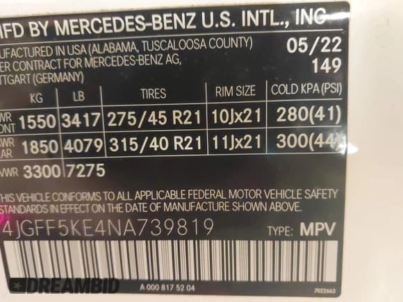 ✅ 2022 Mercedes-Benz GLS 450 • VIN: 4JGFF5KE4NA739819 • Lot: 43345255. Listed on IAAI with 43,933 mi. Free auction sales archive from the USA and detailed vehicle history report at DreamBid. Image 9.