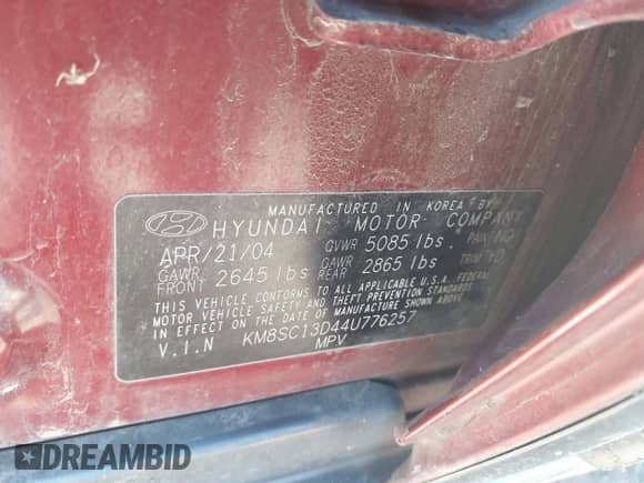 2004 Hyundai Santa Fe GLS с VIN KM8SC13D44U776257, выставлен на аукционе IAAI как лот 41684469 с пробегом 176 167 миль миль и . История ставок и продаж доступна на DreamBid. Изображение 9.