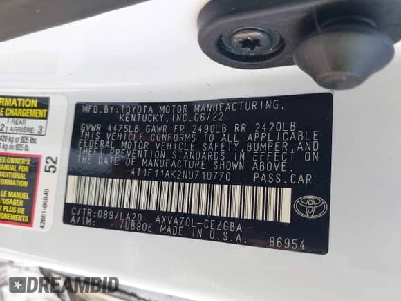 2022 Toyota Camry XLE with VIN 4T1F11AK2NU710770, listed as a IAAI auction lot 42604063 with 5,840 mi miles and . Bid and sale history available at DreamBid. Image 9.