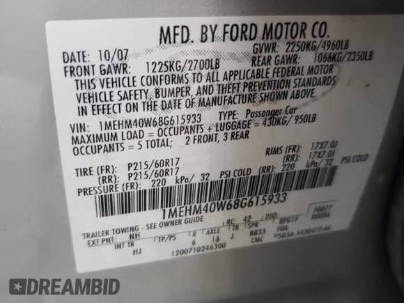 ✅ 2008 Mercury Sable • VIN: 1MEHM40W68G615933 • Lot: 85949655. Listed on Copart with 179,999 mi. Free auction sales archive from the USA and detailed vehicle history report at DreamBid. Image 24.