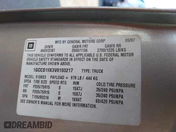 1997 Chevrolet S-10 LS с VIN 1GCCS19X3V8193217, выставлен на аукционе IAAI как лот 42678535 с пробегом 116 929 миль миль и . История ставок и продаж доступна на DreamBid. Изображение 9.