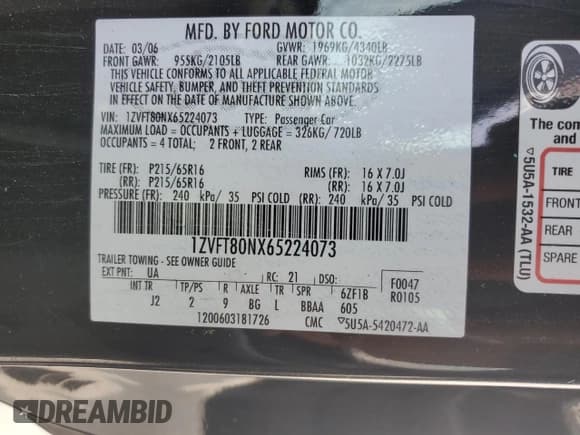 ✅ 2006 Ford Mustang Standard • VIN: 1ZVFT80NX65224073 • Lot: 55227215. Listed on Copart with 231,218 mi. Free auction sales archive from the USA and detailed vehicle history report at DreamBid. Image 12.